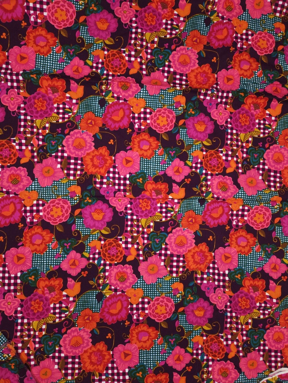 Hawaiian Bright Tropical Floral Gingham Barkcloth Fabric 52” X 84” Vintage 60s